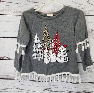 Gray‎ Snowman Winter Fringed Long Sleeve Top